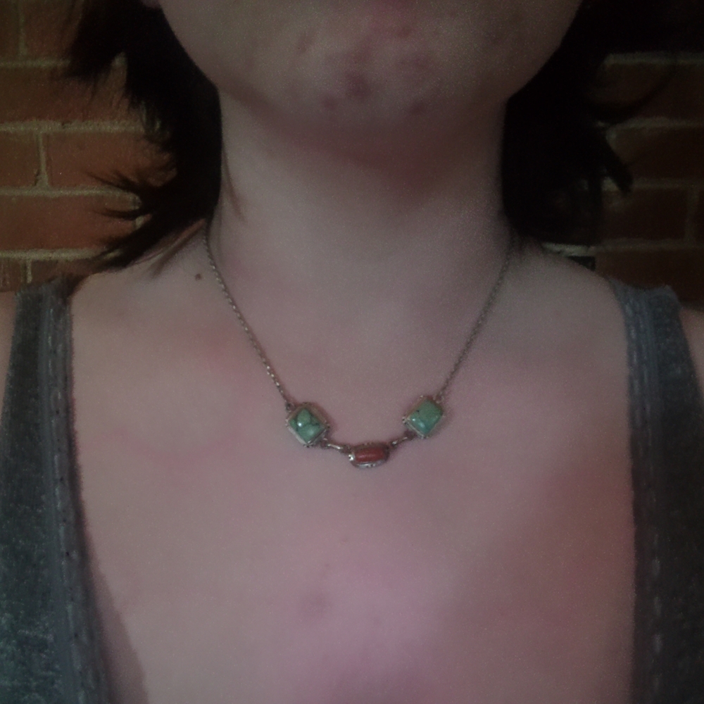 Vtg Sterling Silver Turquoise And Coral Bib Necklace